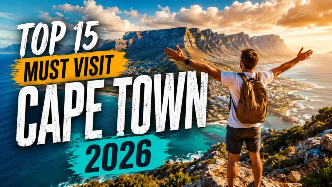 Travel thumbnail: person with backpack arms wide overlooking Cape Town coast at sunset, 'Top 15 Must Visit Cape Town 2026' overlay text.