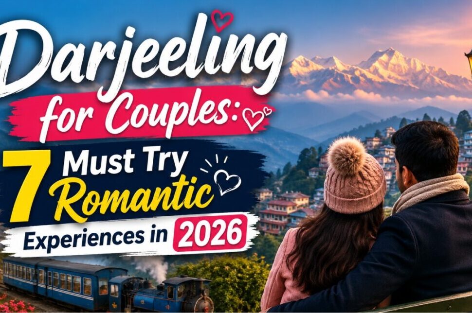 Couple embracing in Darjeeling with a promotional banner reading 'Darjeeling for Couples — 7 Must Try Romantic Experiences in 2026'