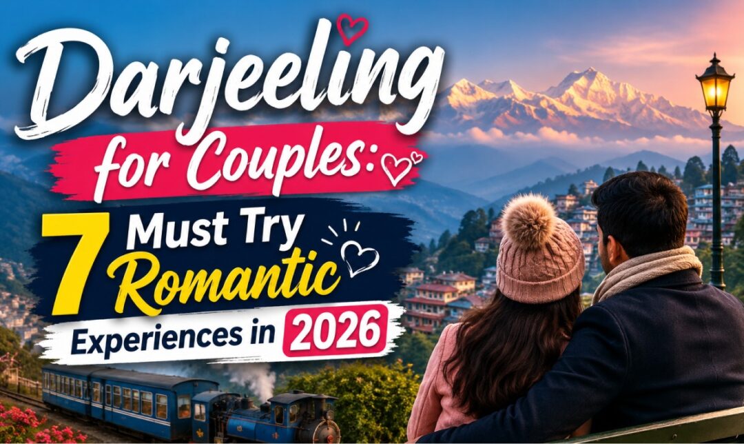 Couple embracing in Darjeeling with a promotional banner reading 'Darjeeling for Couples — 7 Must Try Romantic Experiences in 2026'