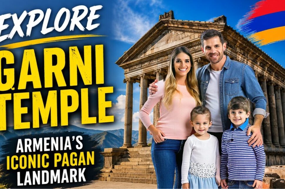 Family posing in front of Garni Temple, Armenia's iconic pagan landmark, on a travel poster.