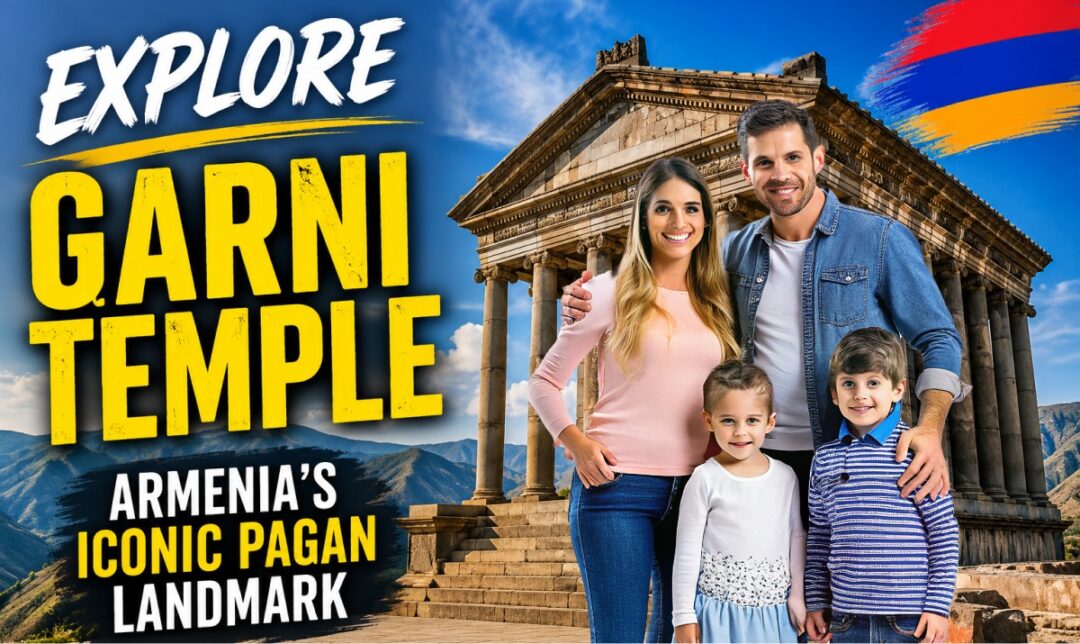 Explore Garni Temple: Armenia’s Iconic Pagan Landmark › Forever Tourism LLC Family posing in front of Garni Temple, Armenia's iconic pagan landmark, on a travel poster.