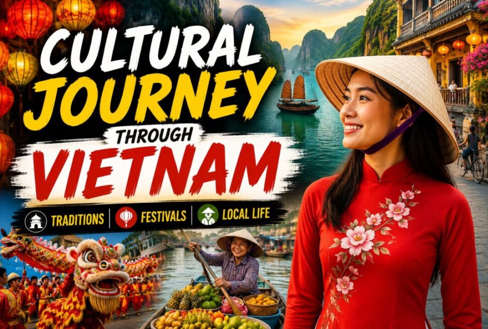 Promotional banner for a cultural journey through Vietnam: lanterns, river boat, and a woman in a red áo dài smiling.