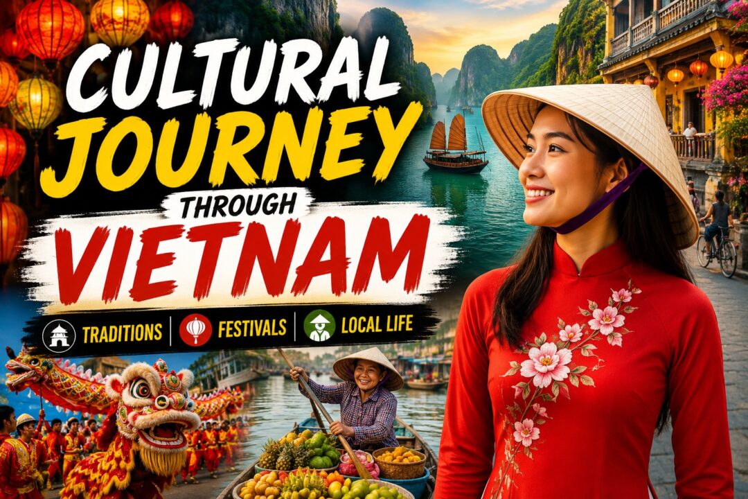 Promotional banner for a cultural journey through Vietnam: lanterns, river boat, and a woman in a red áo dài smiling.