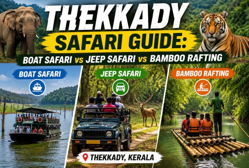 Promotional banner for Thekkady safari guide featuring boat, jeep, and bamboo rafting options in Kerala.