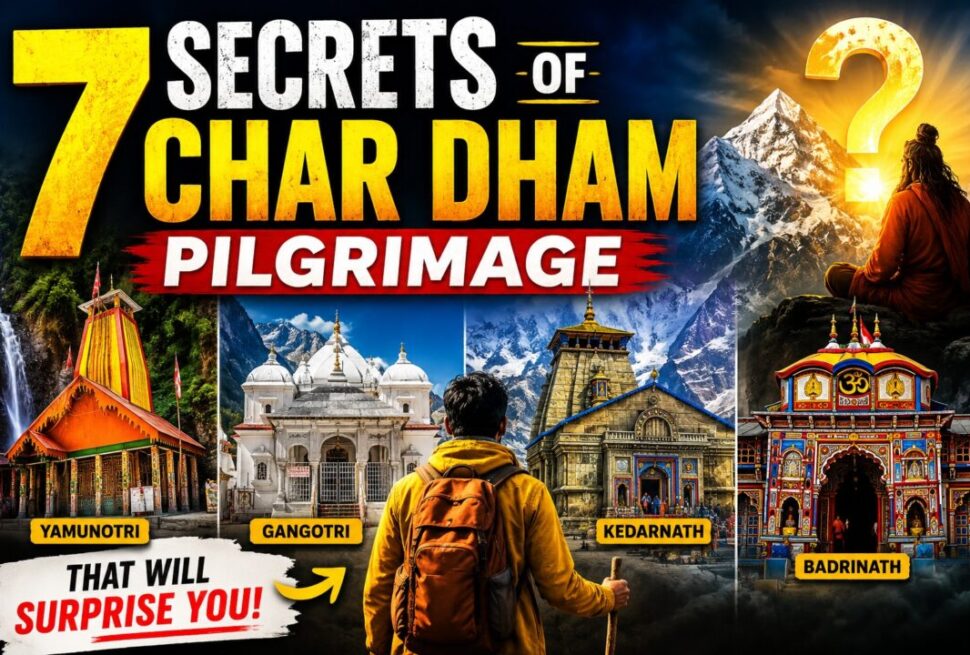Video thumbnail for '7 Secrets of Char Dham Pilgrimage' showing a hiker with a yellow jacket and four temple panels (Yamunotri, Gangotri, Kedarnath, Badrinath) against snowy mountains with a large question mark.