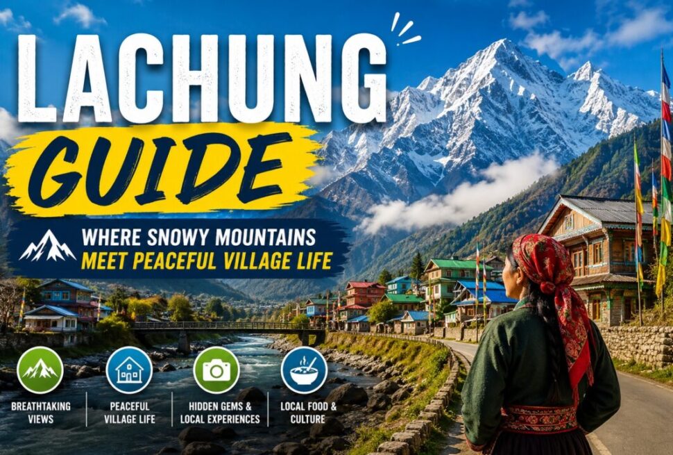 Travel poster for Lachung Guide showing snow-capped mountains, a riverside village, and a woman in traditional dress; highlights breathtaking views, peaceful village life, and local culture.