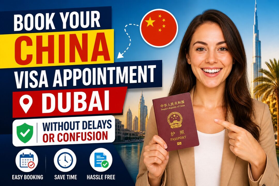 Book Your China visa appointment Dubai Without Delays or Confusion › Forever Tourism LLC Promotional image: smiling woman holding a Chinese passport with Dubai skyline, advertising China visa appointments in Dubai; bold text overlays say 'Book Your China Visa Appointment Dubai'.