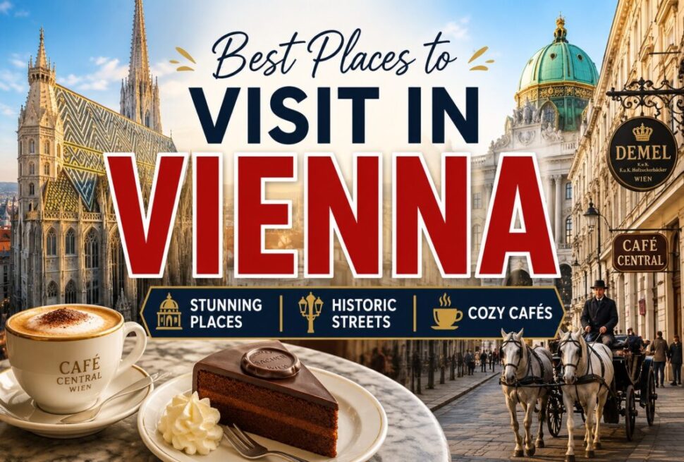 Banner: 'Best Places to Visit in VIENNA' featuring iconic Vienna landmarks, a café scene, cake, and a horse-drawn carriage