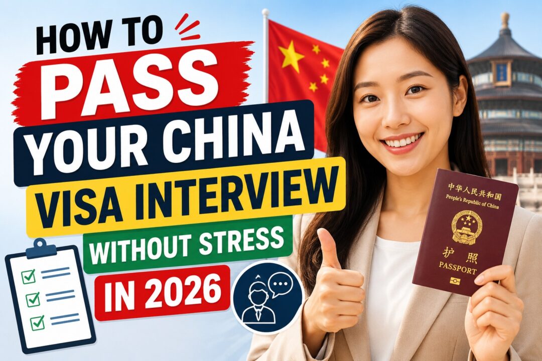 Smiling woman holding a Chinese passport with bold text about passing the China visa interview and a thumbs-up gesture.