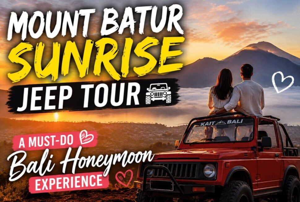 Couple on a red jeep watching the sunrise over Mount Batur; Bali jeep tour promo poster.
