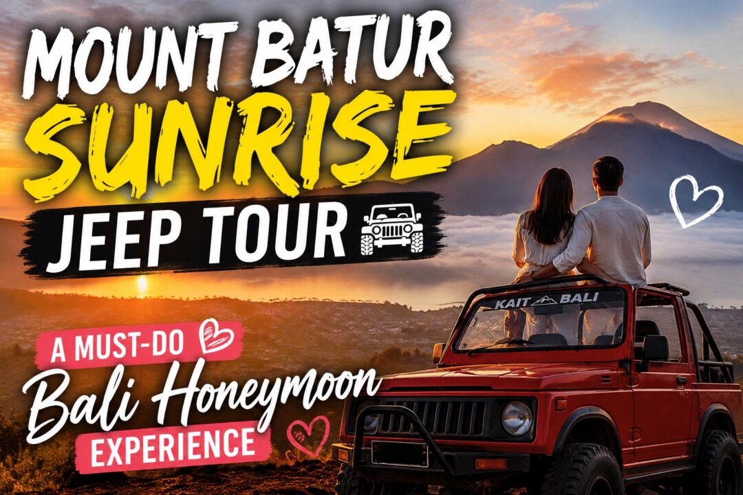 Couple on a red jeep watching the sunrise over Mount Batur; Bali jeep tour promo poster.