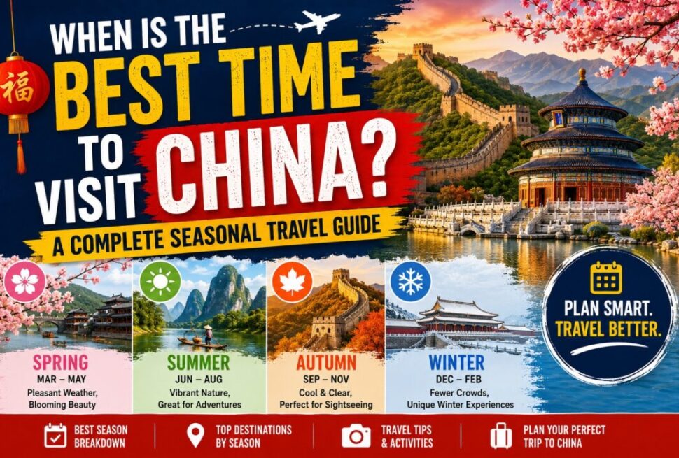 When Is the Best Time to Visit China? A Complete Seasonal Travel Guide › Forever Tourism LLC Promotional travel infographic: title 'When is the Best Time to Visit China?' with a Great Wall and a pagoda; four seasonal panels (Spring, Summer, Autumn, Winter) detailing best times to visit.