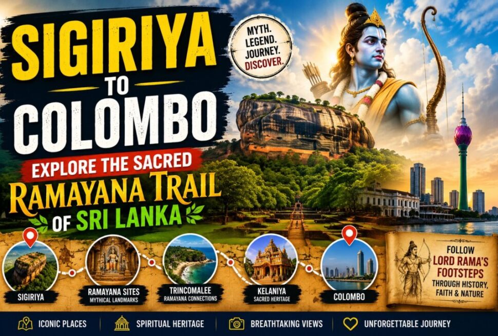 Poster advertising a Sri Lanka travel trail from Sigiriya to Colombo, highlighting Ramayana sites and sacred landmarks across the island.