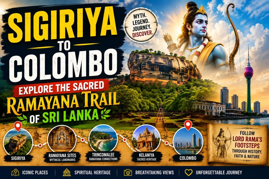 Poster advertising a Sri Lanka travel trail from Sigiriya to Colombo, highlighting Ramayana sites and sacred landmarks across the island.