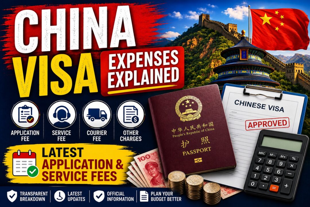 Banner about China's visa costs with a Chinese passport, visa document labeled Approved, coins, calculator, and fee icons against a backdrop of the Great Wall and flag.