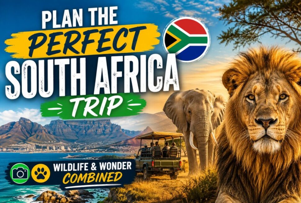 Promotional travel banner for planning a South Africa trip featuring a lion, elephant, safari vehicle, coastal mountains, and South Africa flag in the corner