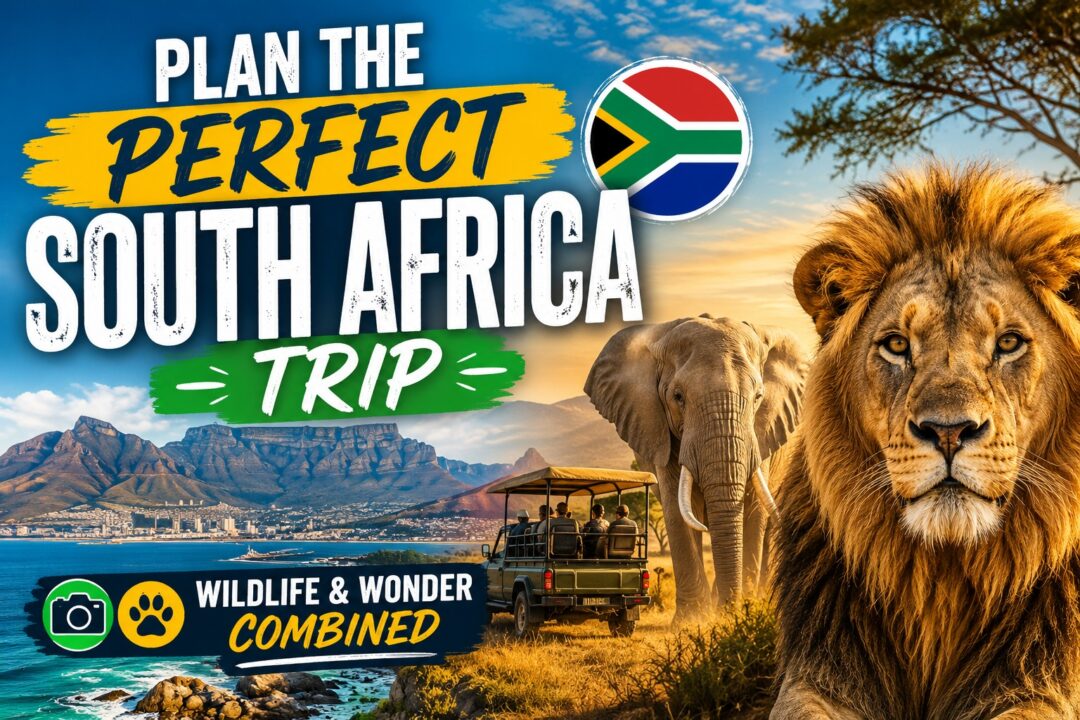 Promotional travel banner for planning a South Africa trip featuring a lion, elephant, safari vehicle, coastal mountains, and South Africa flag in the corner