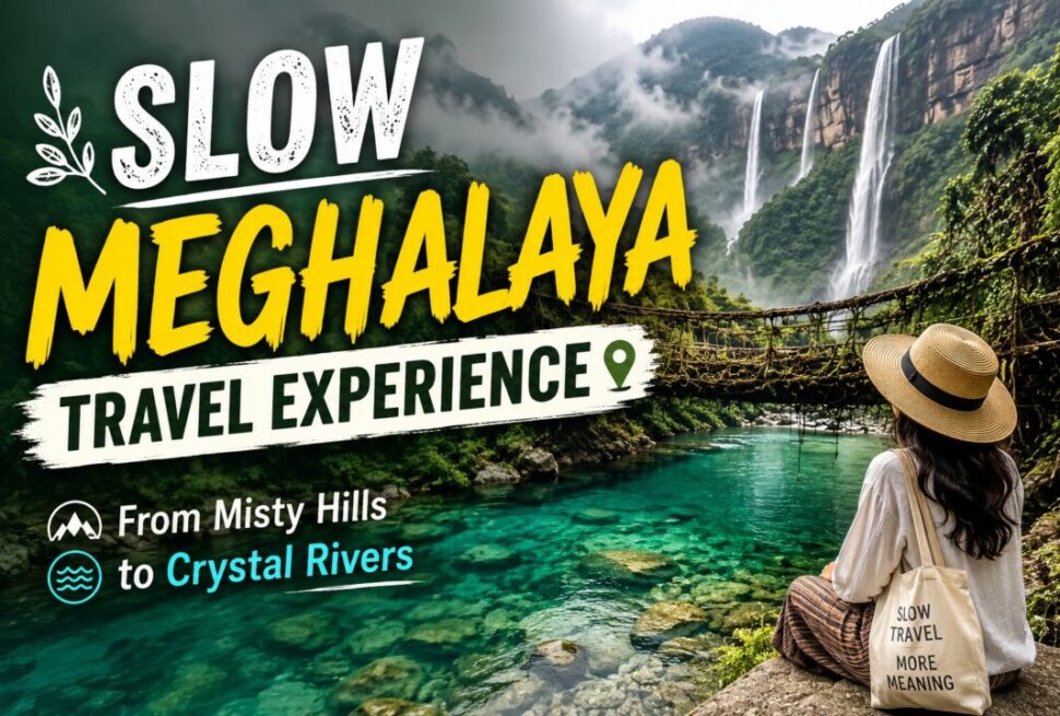 Promotional banner for Slow Meghalaya Travel Experience showing a turquoise river, misty mountains, and a rope suspension bridge with a traveler in a hat on the right; bold text reads 'Slow Meghalaya Travel Experience' and 'From Misty Hills to Crystal Rivers.'