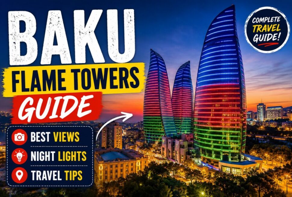 Travel guide cover: Baku Flame Towers lit in rainbow colors at sunset with bold 'BAKU FLAME TOWERS GUIDE' text and travel tips icons on the side.