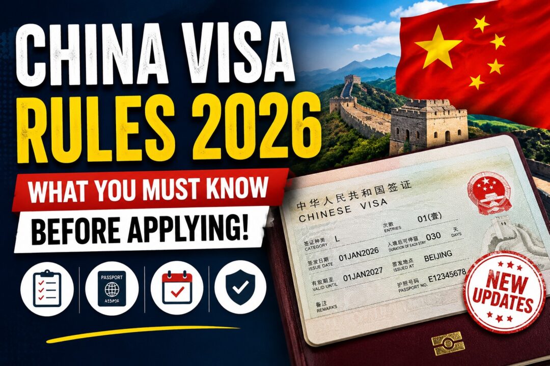 Bold thumbnail about 'China Visa Rules 2026' with the Great Wall, Chinese flag, and a passport showing a visa, plus a red 'New Updates' stamp and banners reading 'What You Must Know Before Applying'.