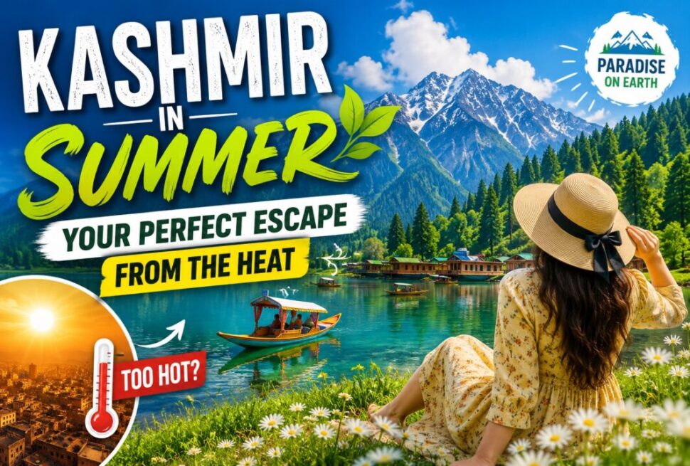 Bright travel poster: 'Kashmir in Summer' with a woman in a sun hat overlooking a mountain lake and green hills, Paradise on Earth logo in the corner.