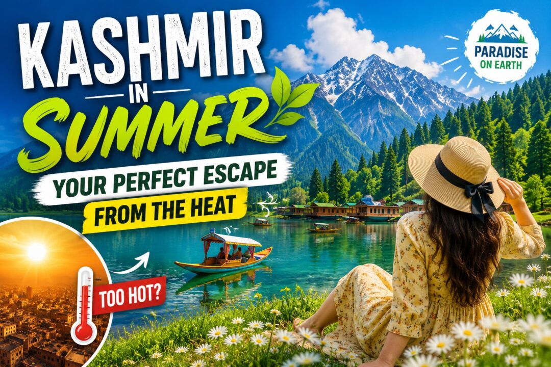 Bright travel poster: 'Kashmir in Summer' with a woman in a sun hat overlooking a mountain lake and green hills, Paradise on Earth logo in the corner.