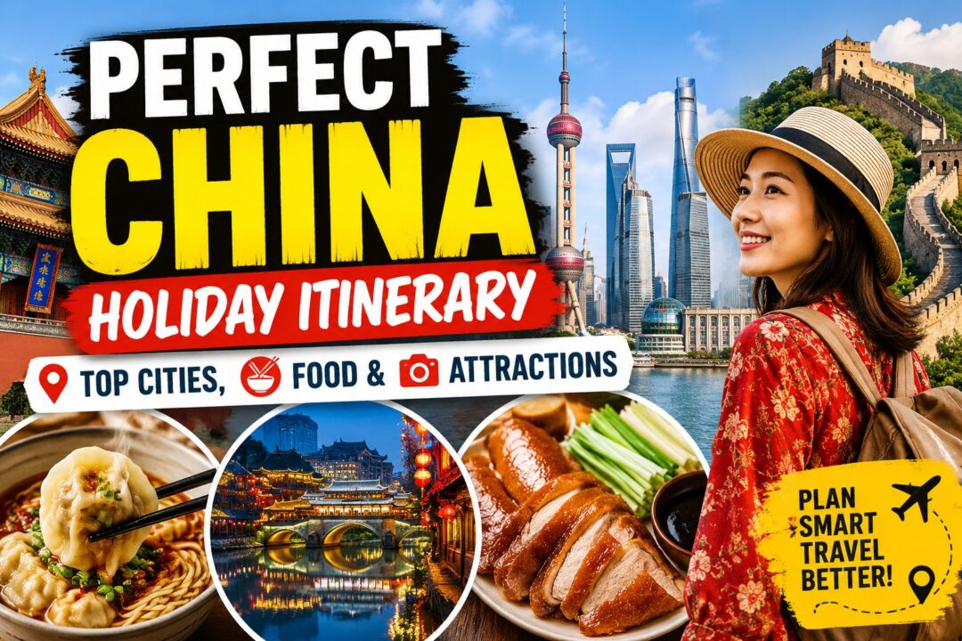 Promotional banner for a Perfect China holiday itinerary showing skyline, landmarks, and a smiling traveler.