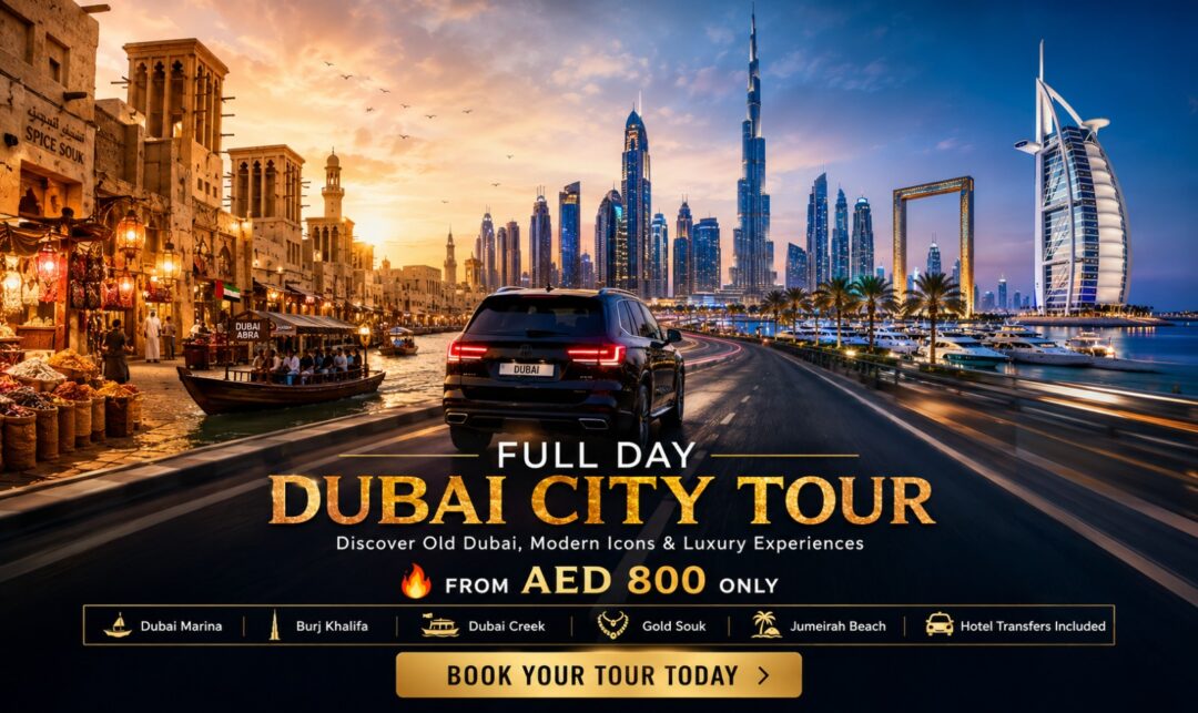 Promotional banner for a full-day Dubai city tour with a car on a coastal road and the Dubai skyline at sunset.