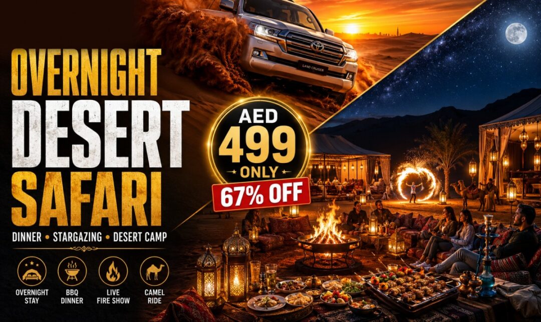 Promotional poster for an overnight desert safari with a campfire, tents, and a feast; price 499 AED (67% off).