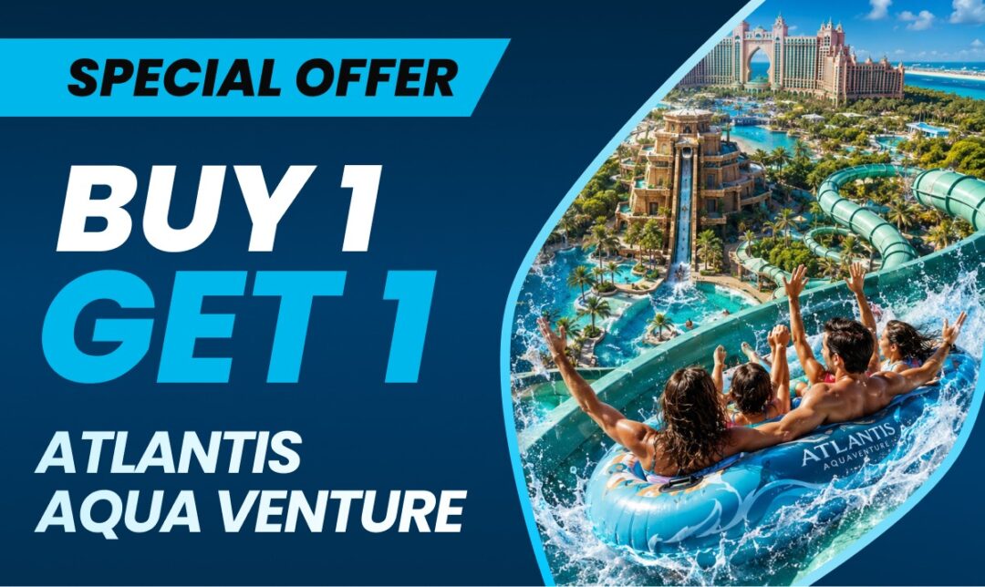 Promotional banner offering Buy 1 Get 1 for Atlantis Aqua Venture at a water park, with a curved water slide image on the right.