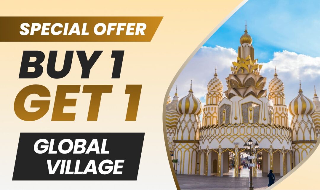 Promotional banner for Global Village: “Special Offer” and “Buy 1 Get 1” with a gold-and-black layout, and an ornate white-and-gold domed building on the right.