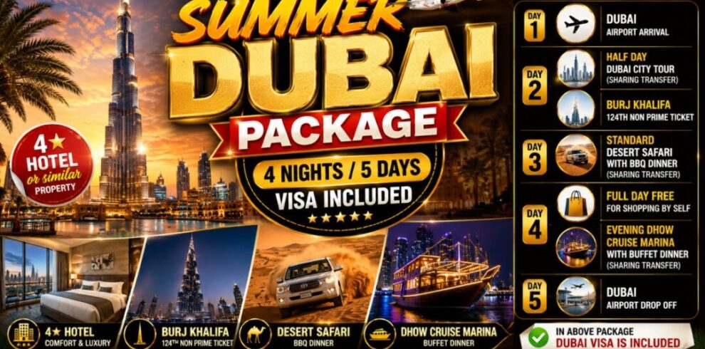 Travel package graphic: This Summer Dubai Package for 4 nights/5 days with visa included and a 4-star hotel option advertisement.