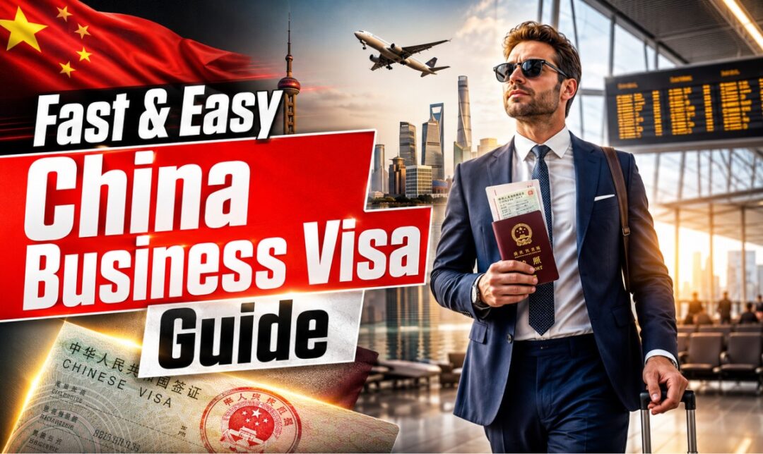 Traveler in a suit at the airport holding a Chinese visa, with bold text reading 'Fast & Easy China Business Visa Guide' and a plane flying overhead.