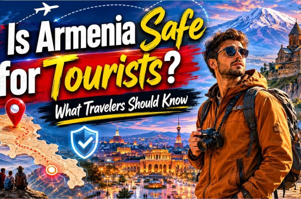 Video thumbnail asking if Armenia is safe for tourists; a traveler with camera, map of Armenia, and cityscape in the background.