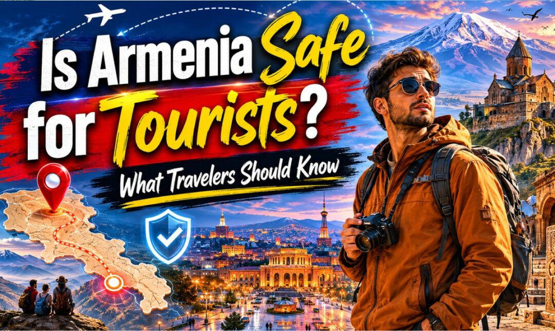 Video thumbnail asking if Armenia is safe for tourists; a traveler with camera, map of Armenia, and cityscape in the background.