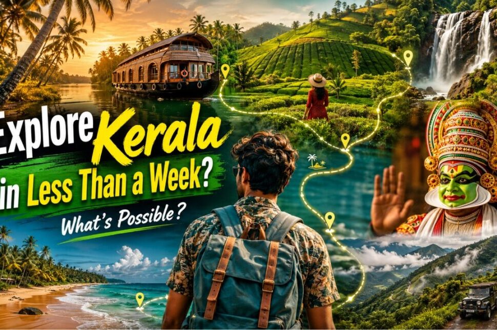 Promotional travel banner: 'Explore Kerala in Less Than a Week? What’s Possible?' with a backpacker, houseboat, tea terraces, beach, waterfall, and a Kathakali dancer.