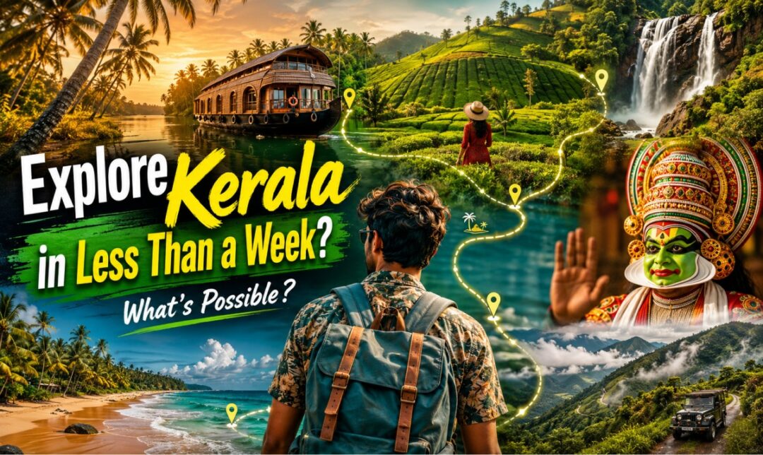 Promotional travel banner: 'Explore Kerala in Less Than a Week? What’s Possible?' with a backpacker, houseboat, tea terraces, beach, waterfall, and a Kathakali dancer.