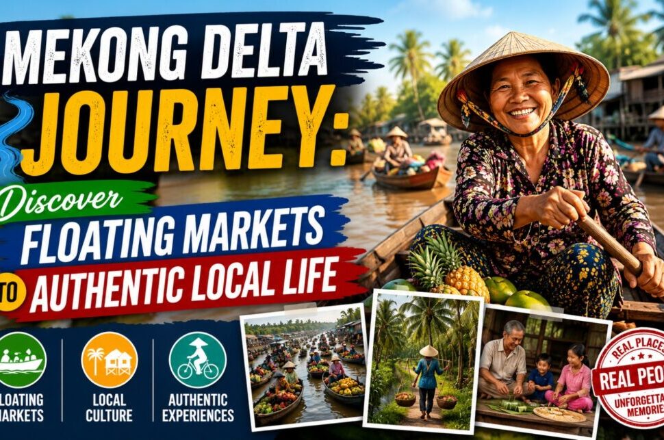 Promo image for Mekong Delta Journey showing floating markets, local life, and a smiling woman in a boat.