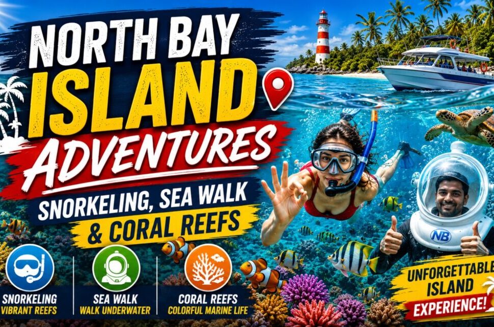 North Bay Island Adventures banner promoting snorkeling, sea walk, and coral reefs with a snorkeler, diver, boat, and tropical reef scene.