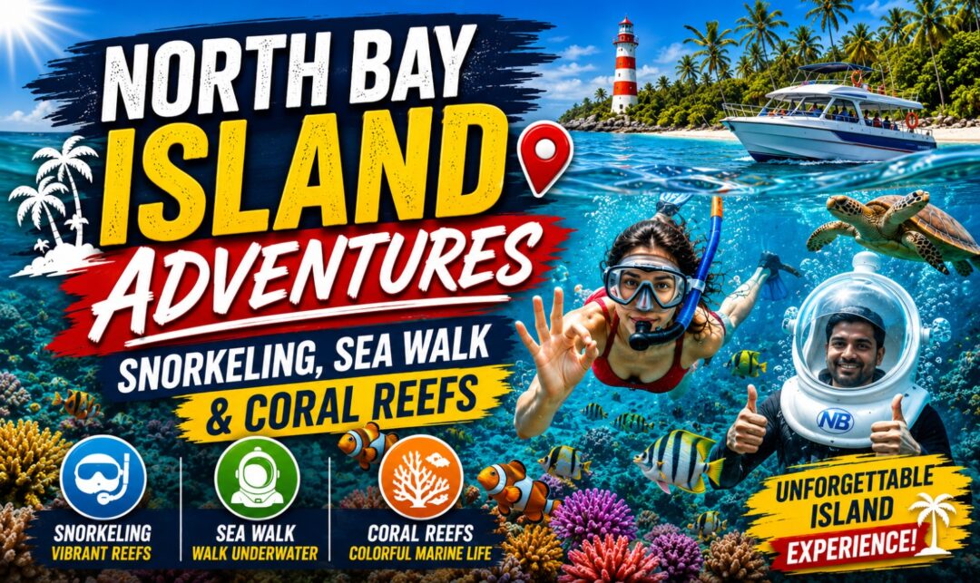 North Bay Island Adventures banner promoting snorkeling, sea walk, and coral reefs with a snorkeler, diver, boat, and tropical reef scene.