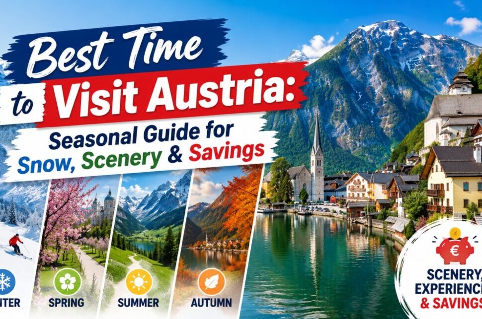 Best Time to Visit Austria: Seasonal Guide for Snow, Scenery & Savings › Forever Tourism LLC Best Time to Visit Austria: Seasonal guide for snow, scenery & savings; alpine town with a lake and four season panels as imagery.