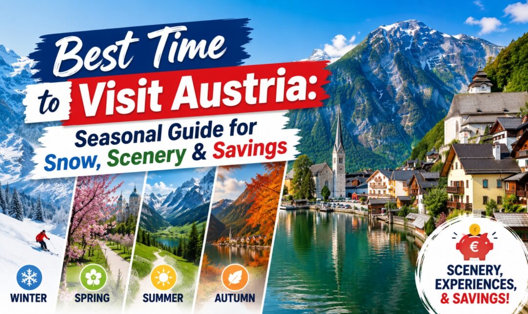 Best Time to Visit Austria: Seasonal guide for snow, scenery & savings; alpine town with a lake and four season panels as imagery.