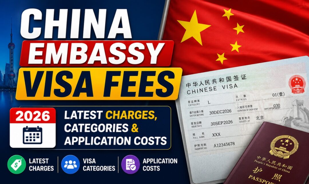Informational image about China embassy visa fees for 2026, showing a Chinese flag, a visa document, and a passport with bold text reading 'CHINA EMBASSY VISA FEES'.