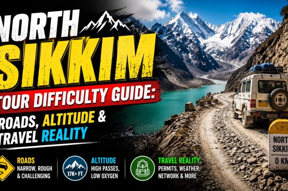Banner for North Sikkim tour guide showing rugged mountain road with SUV and bold yellow “SIKKIM” title and subtitle on dark background.