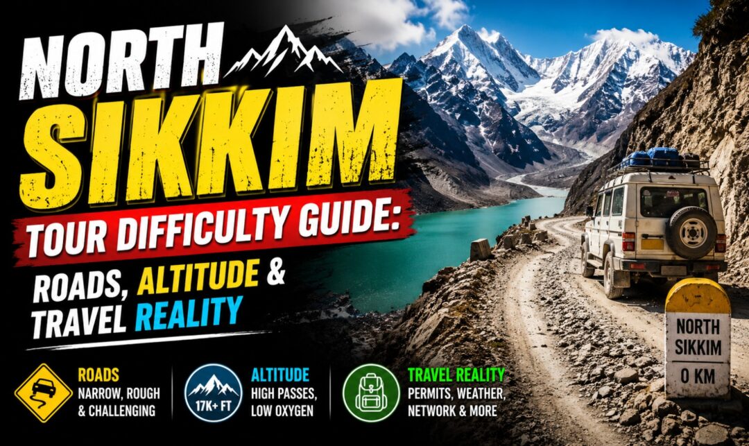 Banner for North Sikkim tour guide showing rugged mountain road with SUV and bold yellow “SIKKIM” title and subtitle on dark background.