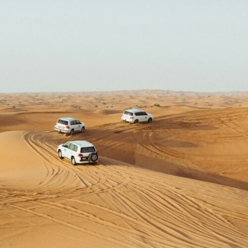 Three white SUVs drive across golden sand dunes in a desert landscape, leaving tire tracks behind them.