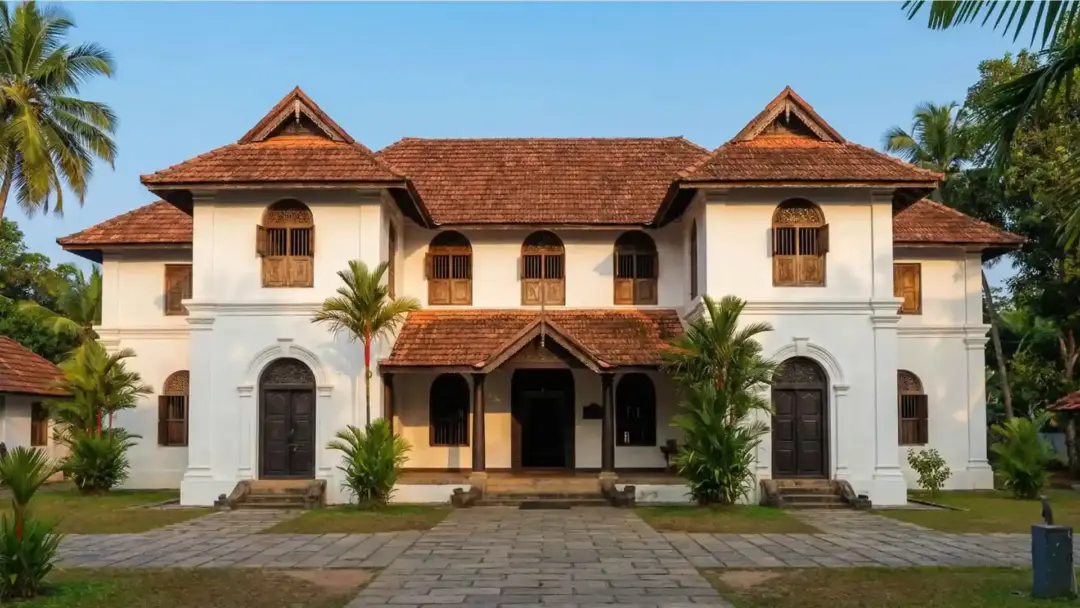 White colonial-style villa with a red-tiled roof and central porch, surrounded by palm trees.