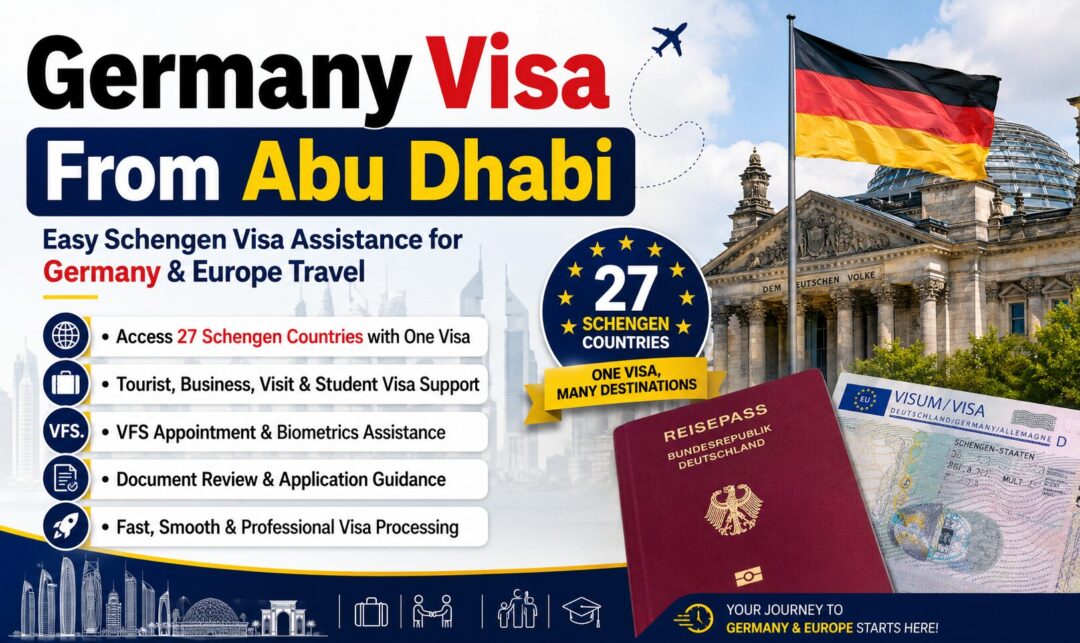 Banner advertising Germany visa from Abu Dhabi with 27 Schengen Countries badge, German flag and passport imagery.