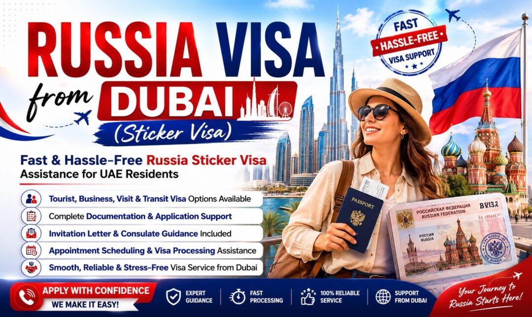 Promotional banner for Russia visa from Dubai with a woman holding a passport and Russia landmarks in the background, advertising fast, hassle-free visa support for UAE residents.