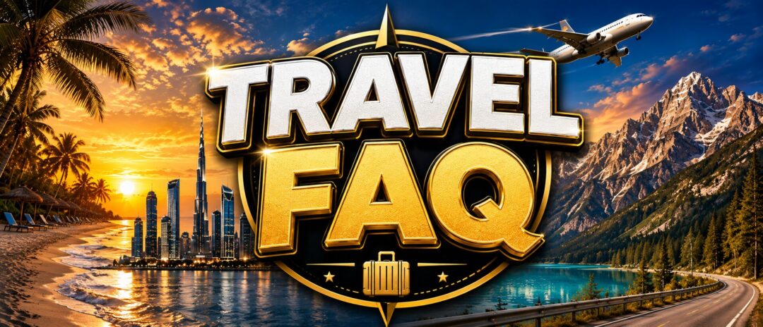 Travel FAQ banner with large gold text over a travel scene: beach at sunset, city skyline, mountains, airplane, and lake.
